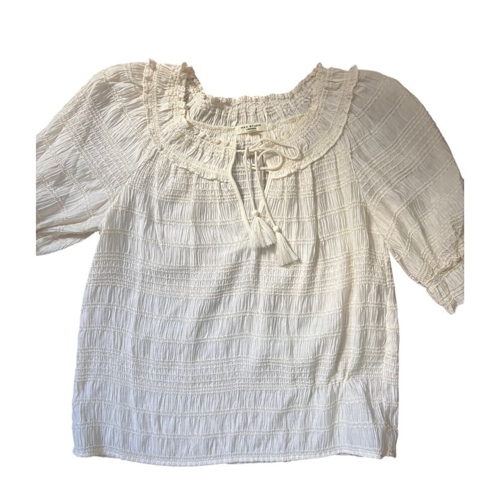 Max Studio Cream Ivory Smocked Tie Blouse Puff Sleeve Boho S